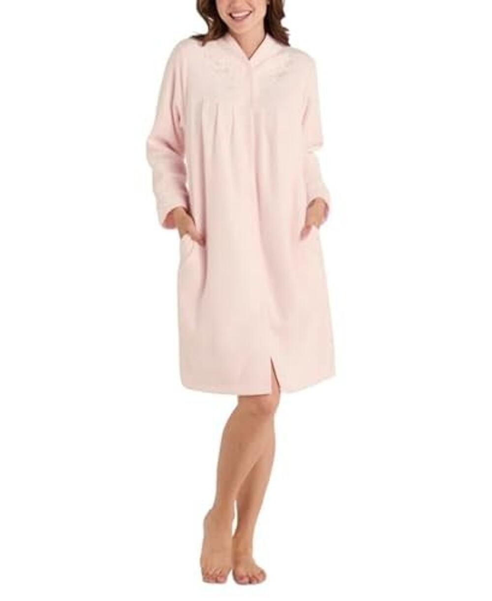 Miss Elaine Large Robe Peach Pink Embroidered Soft Fleece Snap Front Knee Length